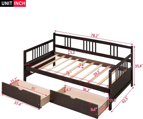 Miniatura 2 de Polibi Sofá cama de tamaño individual con dos cajones, marco de sofá cama de madera con rieles para sala de estar, dormitorio, color espresso
