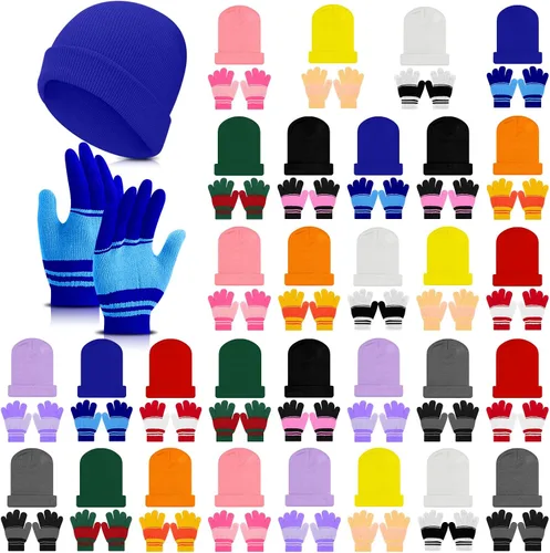 Miniatura 17 de Handepo 60 unidades de gorro y guantes de invierno para niños, sombreros de punto a granel, guantes cálidos unisex para clima frío, regalos
