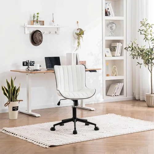 Miniatura 8 de YOUNIKE Silla de escritorio para oficina en casa con ruedas, silla de tocador sin brazos con respaldo, silla cómoda moderna tapizada en cuero, silla