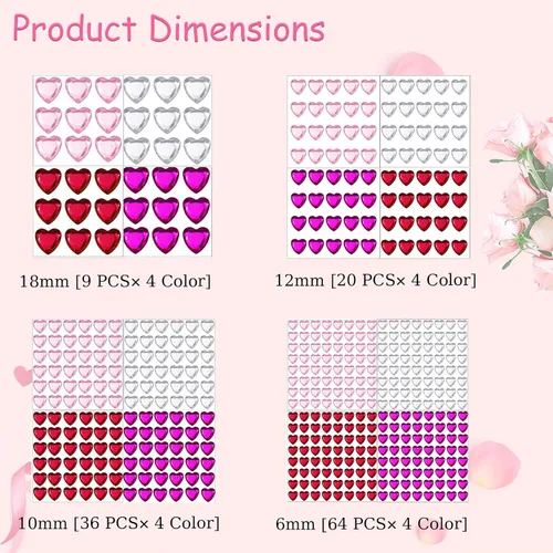 Miniatura 6 de REDANHA 516 calcomanías de corazón de diamantes de imitación acrílicas, autoadhesivas, gemas de corazón, rojo, rosa, transparente, rosa, rojo