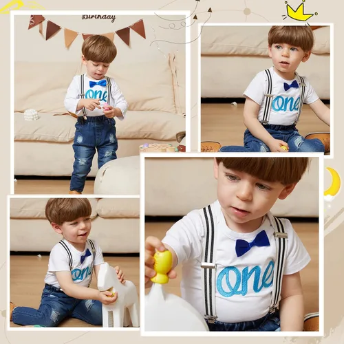Miniatura 62 de Conjunto de ropa de cumpleaños para bebé niño pequeño, con tirantes, pantalones de mezclilla rasgados