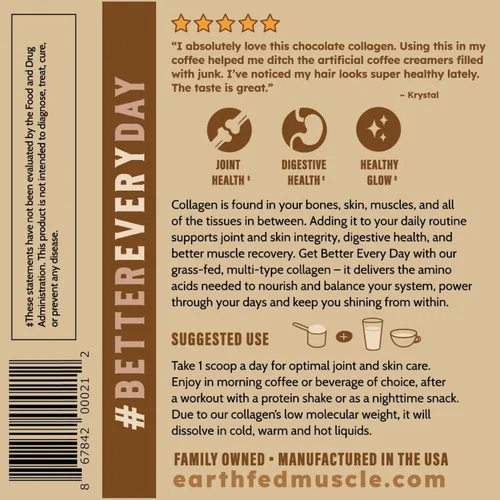 Miniatura 9 de Earth Fed Muscle Péptidos de colágeno de chocolate, certificados por terceros. 0.71 oz de proteína, chocolate, alimentado con hierba, sin OMG, sin