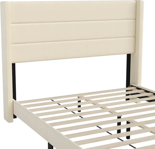 Miniatura 9 de Merrick Lane Percy - Cama de plataforma moderna, lino sintético beige, tamaño Queen, cabecero acolchado con respaldo con alas cosidas de canal