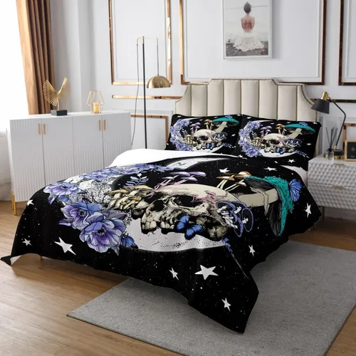 Miniatura 3 de Star Moon Mushroom Bedspread Queen Size Boho Sugar Skull Coverlet Set 3pcs for Kids Girls Boys Youth Bedroom Decor Exotic Plants Bedding Sets Purple