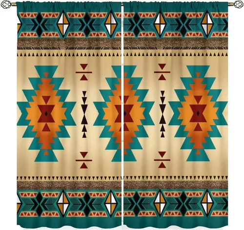 Miniatura 19 de Cortinas aztecas, patrón étnico tribal nativo del suroeste, estilo bohemio occidental, geométrico, tratamientos de ventana para sala de estar, juego