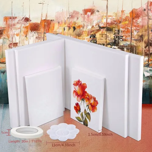 Miniatura 3 de Lienzos para pintura, 40 x 30, 30 x 20, 20 x 15, 8 unidades, lienzos blancos estirados con paletas de bandeja de pintura de pétalos y cinta, lienzos