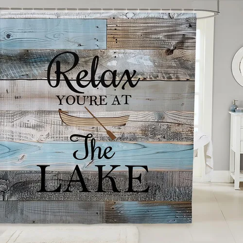 Accesorios de baño de lago, decoración de cabaña, juego de cortina de ducha vintage de madera gris azul y gris de 72 pulgadas de ancho x 72 pulgadas