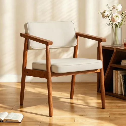 LSSPAID Juego de 1 silla de comedor de mediados de siglo, sillón tapizado en tela de lino beige con reposabrazos de madera, respaldo cómodo, silla