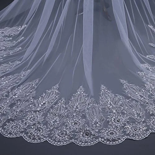Miniatura 6 de Velo de novia para mujer, 2 niveles, largo, velo, catedral, con peine, encaje con diamantes, vestido largo de graduación, velo de boda nupcial