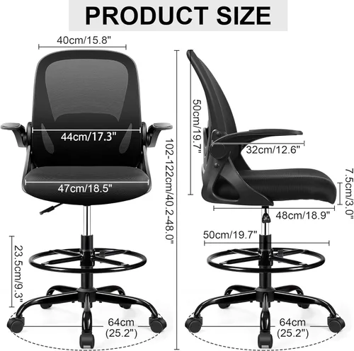 Miniatura 2 de Silla de dibujo alta de oficina con reposabrazos abatibles, altura ajustable y soporte lumbar mejorado, taburete ergonómico rodante, soporte de Negro