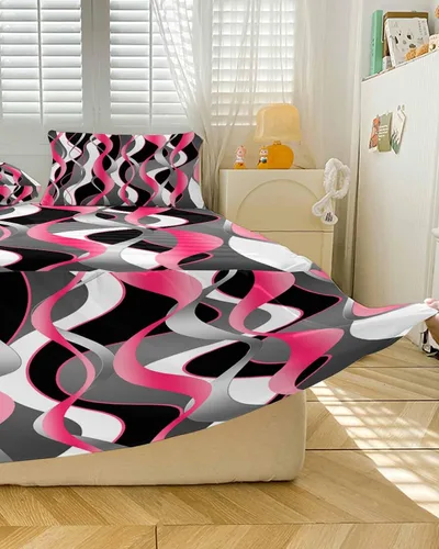 Miniatura 5 de Falda de cama rosa y negra para cama de tamaño Queen, falda de ropa de cama envolvente con volantes de polvo reunido con 2 paquetes de fundas