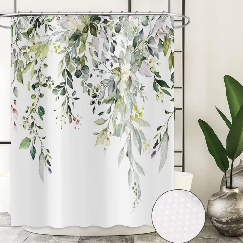 Miniatura 16 de Cortina de ducha de eucalipto, hojas verdes de acuarela en la parte superior con cortina de baño floral, decoración de baño para bañera, tela Hoja