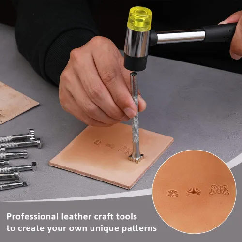 Miniatura 6 de Herramientas de estampado de cuero de 21 piezas, kit de estampado de cuero con martillo de goma para trabajo de cuero