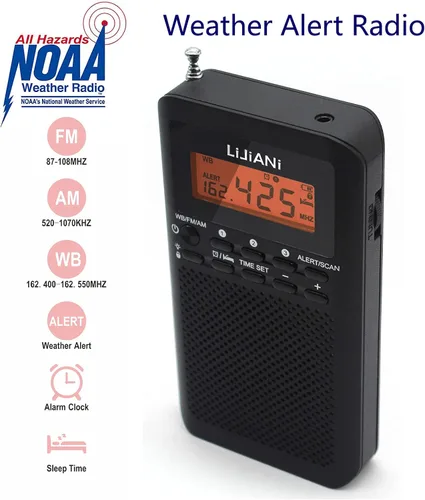 Miniatura 2 de NOAA Weather AM FM Radio portátil operada por 2 pilas AA con auriculares estéreo, reloj despertador digital temporizador de sueño, mejor recepción