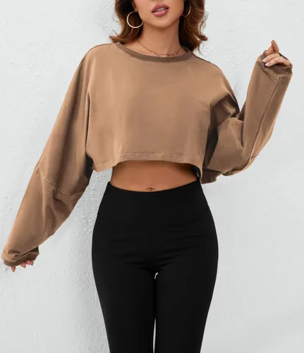 Miniatura 2 de SAFRISIOR Camiseta corta de manga larga de gran tamaño para mujer, cuello redondo, hombros caídos, camiseta corta casual para entrenamiento