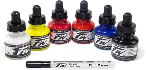 Juego de botes de tinta acrílica Daler Rowney FW de 6 colores primarios con marcador vacío - Juego de tintas de dibujo para artistas y estudiantes -