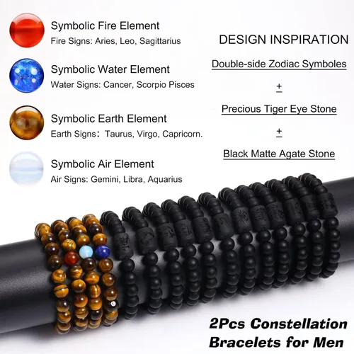 Miniatura 7 de Pulseras del zodiaco para hombres y mujeres, hechas a mano de 0.315 in de ojo de tigre natural y piedra de ágata mate para hombre, pulseras