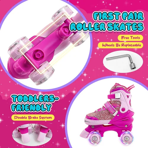 Miniatura 4 de Patines de ruedas para niños y niñas, 4 tamaños ajustables de 3 a 5 a 8, 6 a 12 años, patines cuádruples con ruedas iluminadas para principiantes