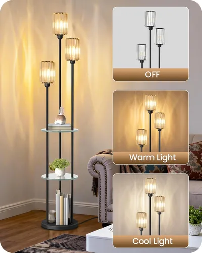 Miniatura 7 de Lámpara de pie negra con estantes, lámpara de pie moderna con 3 pantallas de cristal e interruptor de pie, lámpara de pie de 3 luces, para sala
