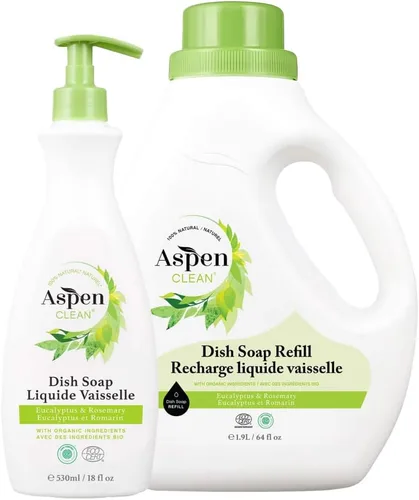 AspenClean Jabón para platos y recambio | Eucalipto y romero | Jabón detergente líquido para lavavajillas | No tóxico | 100% natural | verificado