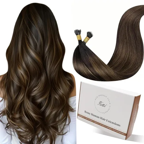 Miniatura 67 de Hetto Extensiones de cabello humano con nano cuentas, balayage, extensiones de cabello humano, color negro degradado a plateado, extensiones
