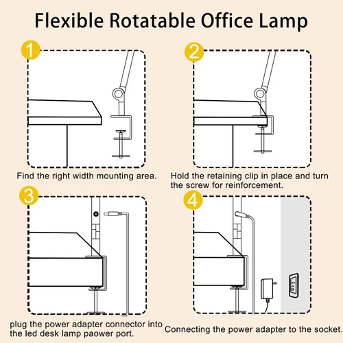 Miniatura 4 de Lámpara de escritorio LED con abrazadera y brazo flexible - 3 fuentes de luz, 4 modos de color y 5 niveles de brillo, luz de mesa para cuidar