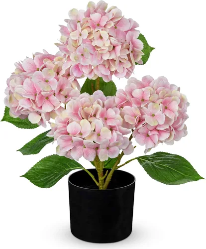Miniatura 9 de Hollyone Flores artificiales de hortensias azules en maceta, flores grandes de seda de tres cabezas, arreglos florales falsos para interiores
