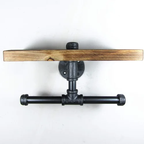 Miniatura 4 de Estante de almacenamiento de madera industrial urbano para montaje en pared, tubo de hierro, doble soporte de papel higiénico, rodillo