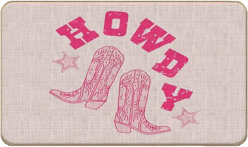 Felpudo decorativo retro de color rosa intenso con botas de vaquera occidental, decoración de bienvenida occidental, regalo para adolescentes y