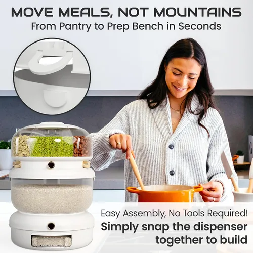 Miniatura 6 de Dispensador de arroz y granos múltiples: almacenamiento de alimentos giratorio 3 en 1 hermético con colador, soporta hasta 22 libras