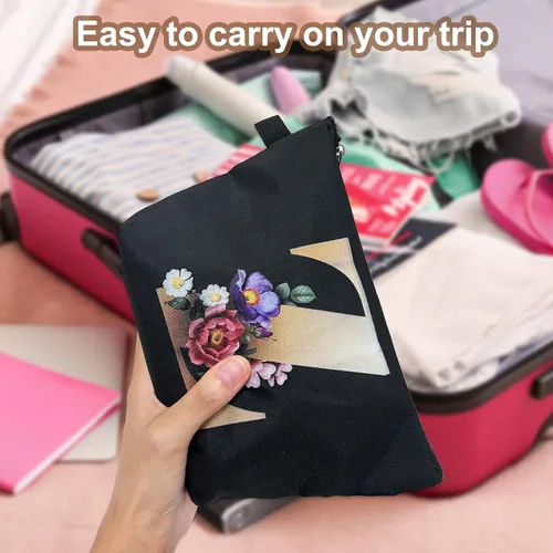 Miniatura 6 de CTNUOBEE Bolsa de comestic con letras del alfabeto dorado con bolsa de maquillaje de flores, bolsa de viaje portátil con cremallera, bolsa de aseo