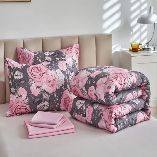 Miniatura 9 de Juego de sábanas de edredón de flores, color gris, cama en una bolsa, juego de ropa de cama reversible de 7 piezas tamaño King de microfibra floral