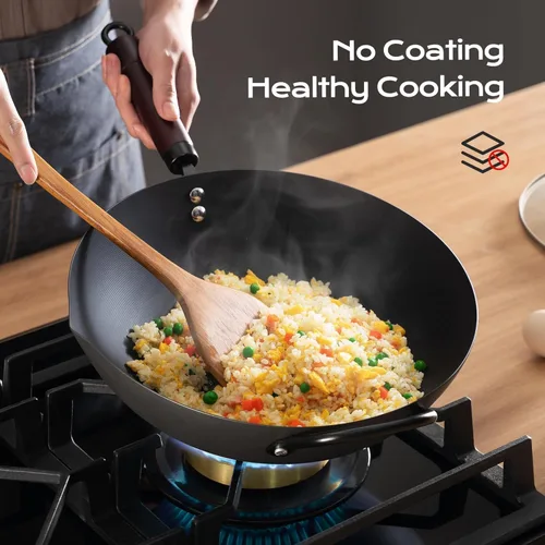 Miniatura 2 de Wok, woks y sartenes de acero al carbono de 13 pulgadas antiadherentes, wok chino de 5.8QT con fondo plano pre-curado con tapa, sartenes de paella