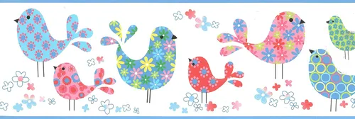 Miniatura 3 de Dundee Deco BD6256 - Borde de papel pintado prepegado para niños, color rojo, rosa, verde, azul pájaros, flores borde de pared, diseño retro, 15