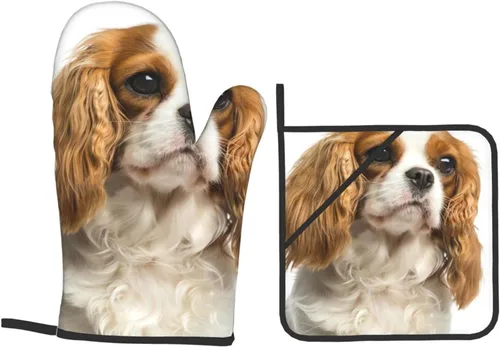 Miniatura 9 de Cavalier King Charles Spaniel - Juego de 4 manoplas para horno y ollas para perros, resistentes al calor, con capa interior de algodón Cavalier King