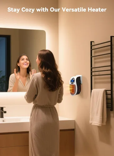 Miniatura 6 de Calentador de enchufe de 450 W para uso en interiores, calentador eléctrico de pared con control remoto, temporizador de 12 horas y pantalla LED