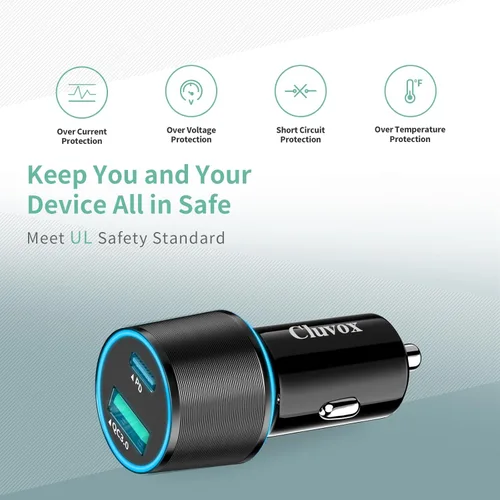Miniatura 4 de Adaptador de cargador de coche USB C de 38 W, 20 W rápido USBC y puertos QC3.0 rápidos de 18 W, adaptador de encendedor de cigarrillos de 12 V