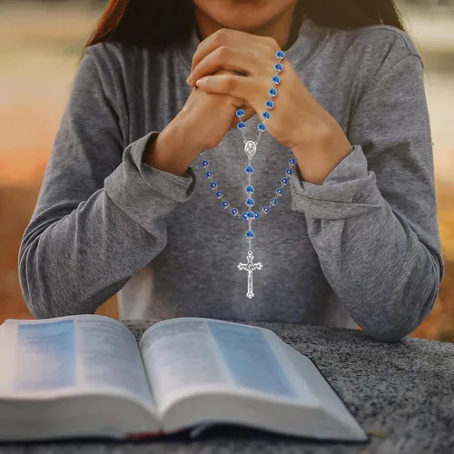 Miniatura 12 de KOMI Rosario de cuentas católicas para mujer, collar de cuentas de rosario con cruz de crucifijo, perlas de cristal, rosario, rosarios, católicos