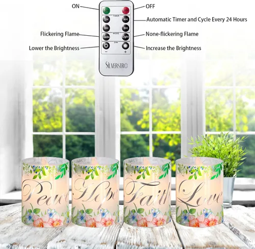 Miniatura 5 de Velas sin llama de Navidad de cristal con llama parpadeante, velas de cera real florales LED con control remoto - Juego de 4 para decoración
