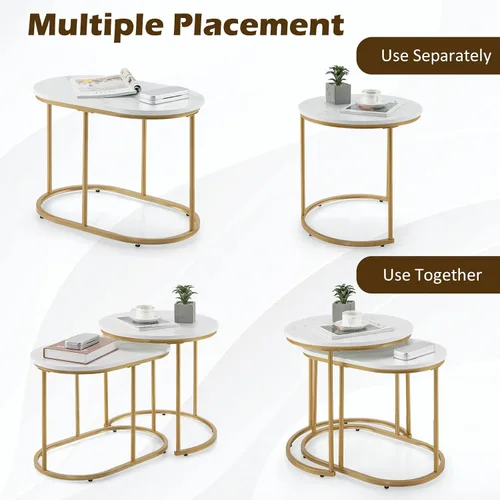 Miniatura 7 de Giantex Juego de 2 mesas auxiliares anidables modernas, juegos de mesa auxiliar y mesa auxiliar, marco de acero dorado, fácil montaje, mesa auxiliar