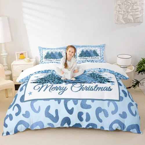 Miniatura 49 de Juego de funda de edredón para niños con diseño de Navidad, tamaño individual, camiones rojos y árboles de pino con copos de nieve, decoración