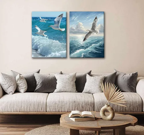 Miniatura 4 de 2 lienzos enmarcados para pared, impresiones artísticas de gaviotas volando sobre olas del océano, póster de pintura náutica costera, galería
