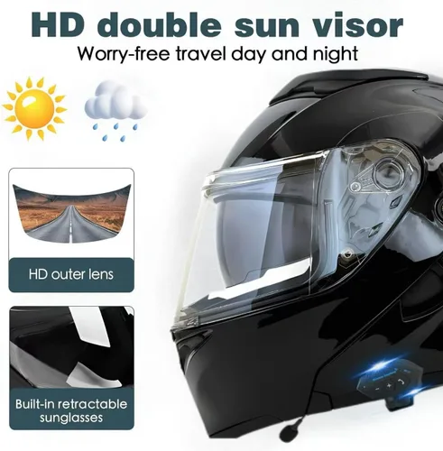 Miniatura 4 de Casco modular Bluetooth para motocicleta, aprobado por DOT, de cara completa con visor abatible, de doble visera, con altavoces duales y micrófono