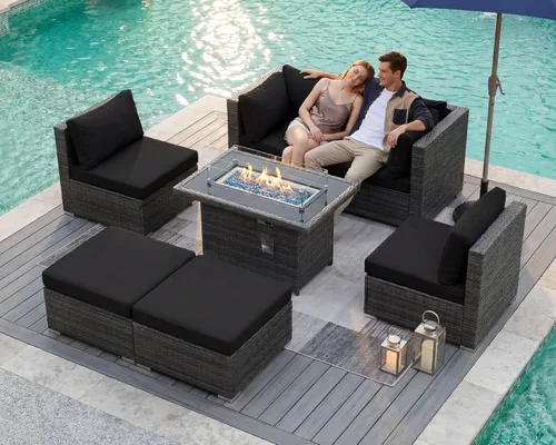 Miniatura 52 de BULEXYARD Juego de 7 piezas de sofá seccional para exteriores con respaldo alto, mesa para fogatas, juego de muebles de patio de mimbre resistente a