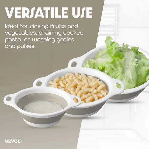Miniatura 7 de Gevoli Coladores plegables (juego de 3) coladores de alimentos con base de drenaje de agua sobre el fregadero para pasta, frutas y verduras, Blanco