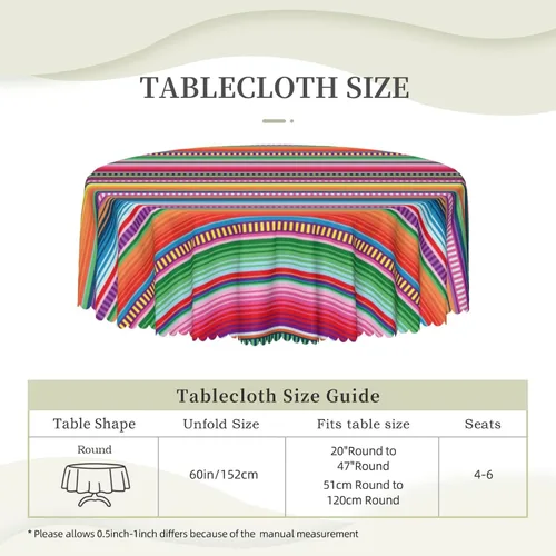 Miniatura 6 de Mantel redondo a rayas mexicanas de 60 pulgadas, mantel étnico, resistente a las manchas, impermeable, a prueba de derrames, mantel de poliéster