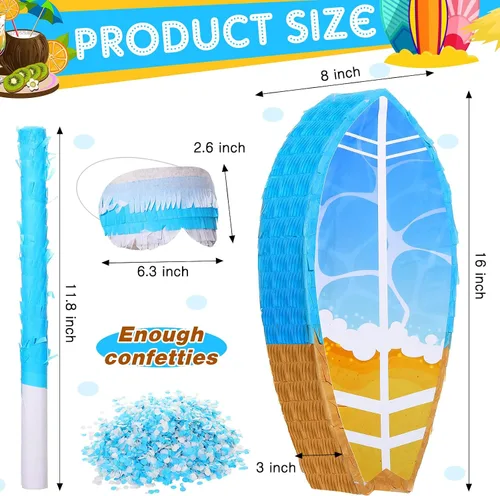 Miniatura 2 de Piñata pequeña de tabla de surf con palo y confeti con los ojos vendados, piñata de verano, decoraciones de Hawaii, tabla de surf, piñata de playa