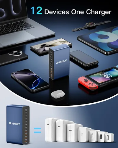 Miniatura 6 de MEKIOJEO 12 puertos de aleación de aluminio 380W estación de carga rápida USB C Bloque de cargador 65W cargador GaN para MacBook Pro/Air/iPad