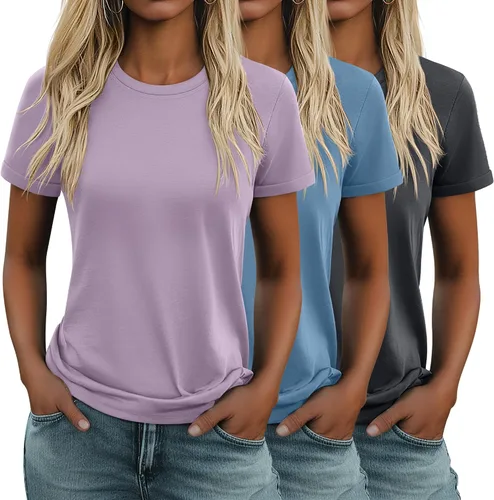 Miniatura 19 de Huukeay Paquete de 3 camisetas de algodón para mujer, estilo casual, de manga corta, cuello redondo, ajuste holgado, básica, lisa