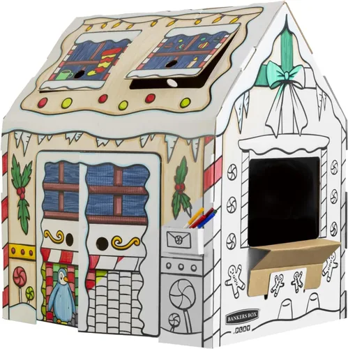 Bankers Box at Play Color in Holly Jolly Playhouse, casa de juegos de cartón y actividad artesanal de tamaño real para niños y familias